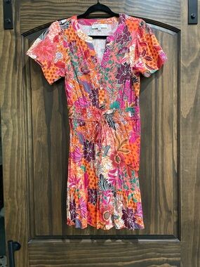 LOFT Bright Orange & Pink Floral Drawstring Mini Dress